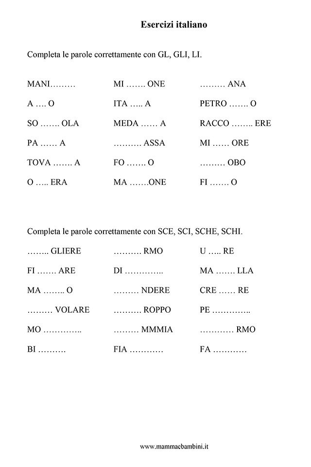 Esercizi italiano parole gl li sce sci sche schi