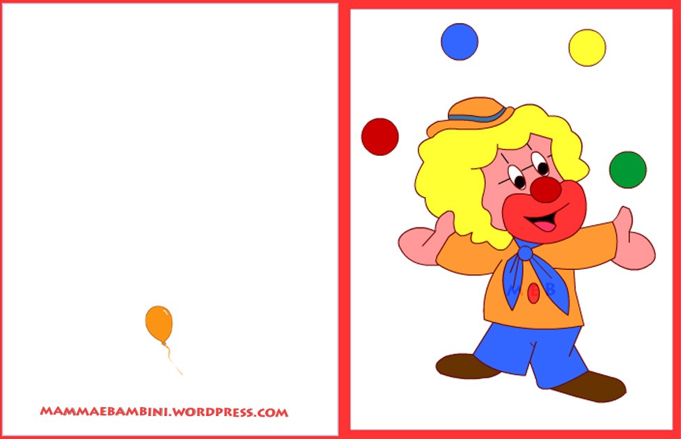 Biglietti auguri compleanno: clown con palline 1 biglietto auguri pagliaccio1