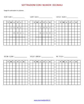 Operazioni Con Numeri Decimali Sottrazioni Mamma E Bambini
