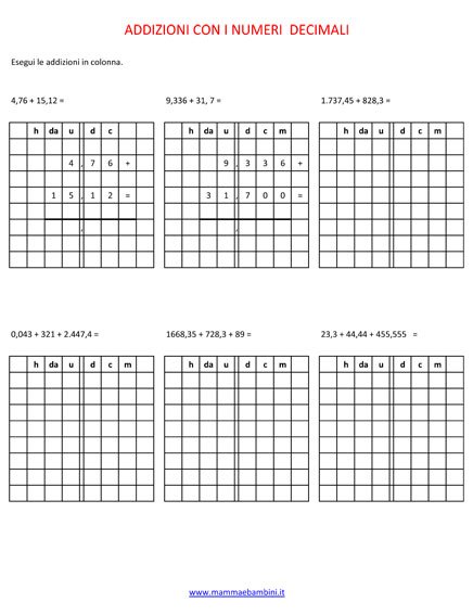 Operazioni Sulle Addizioni Con I Numeri Decimali Mamma E Bambini
