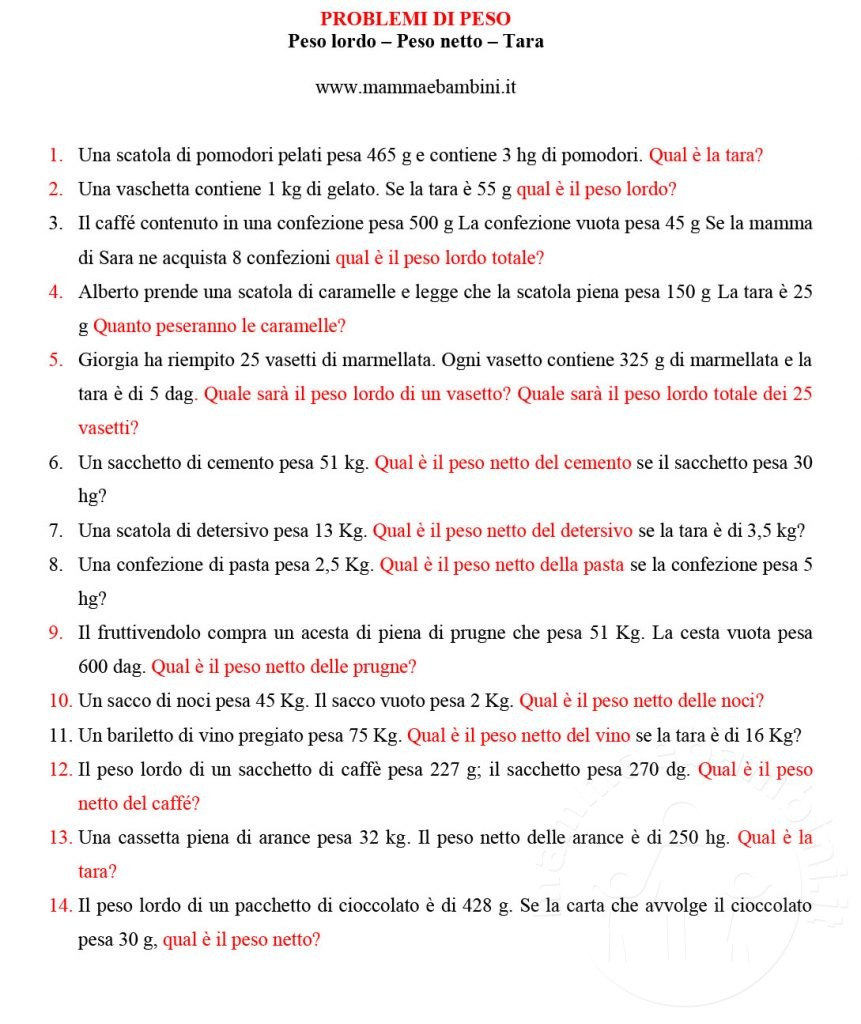 Esercizi matematica: misure di peso 2 PROBLEMI DI PESO
