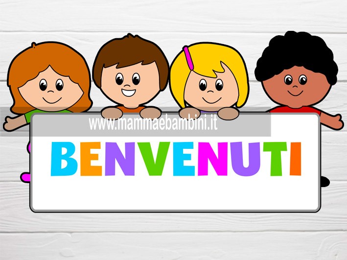 Scritta BENVENUTI con disegno bambini 1 bambini cartello benvenuti