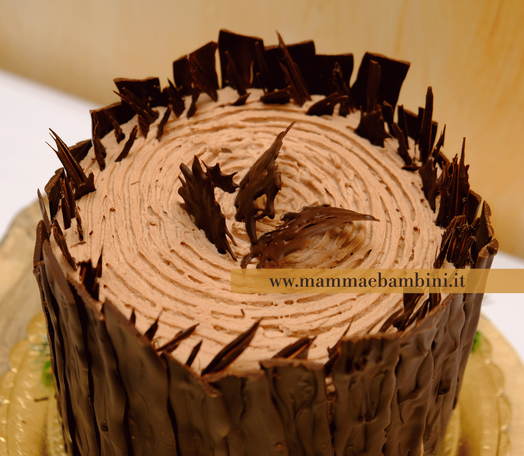 Torta al cioccolato effetto corteccia albero 4 torta rivestita strisce cioccolato fondente