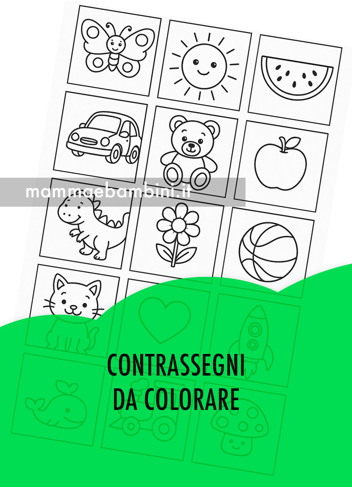 Contrassegni da colorare in stile cartoon per bambini, con soggetti semplici e racchiusi in quadrati.