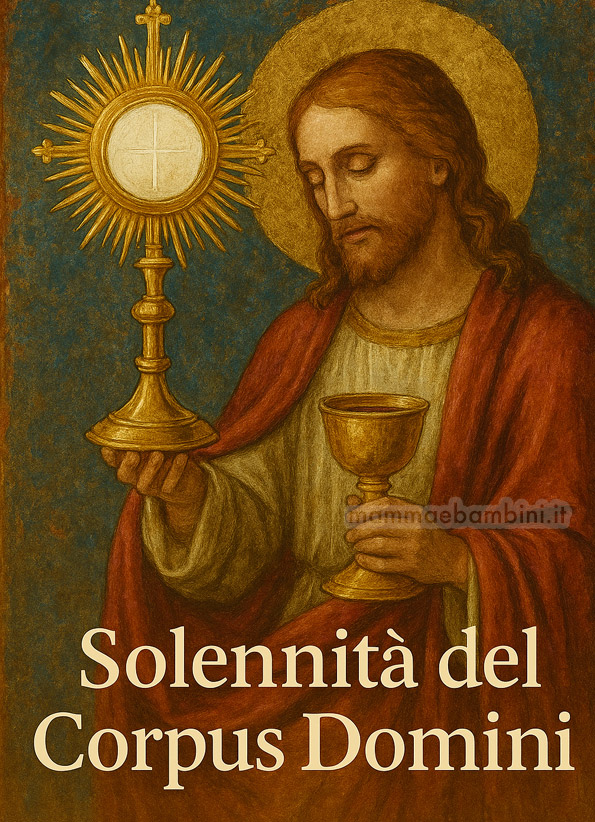 Domenica del Corpus Domini - Solennità del Corpus Domini con Gesù che regge calice e ostensorio, sfondo dorato e scritta “Solennità del Corpus Domini” in basso.