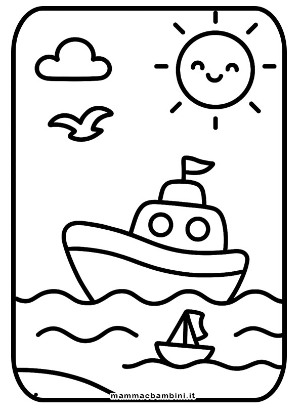 Disegno in bianco e nero di nave semplice da colorare, con oblò tondi, cabina squadrata, fumaiolo e onde stilizzate alla base, in stile cartoon per bambini.