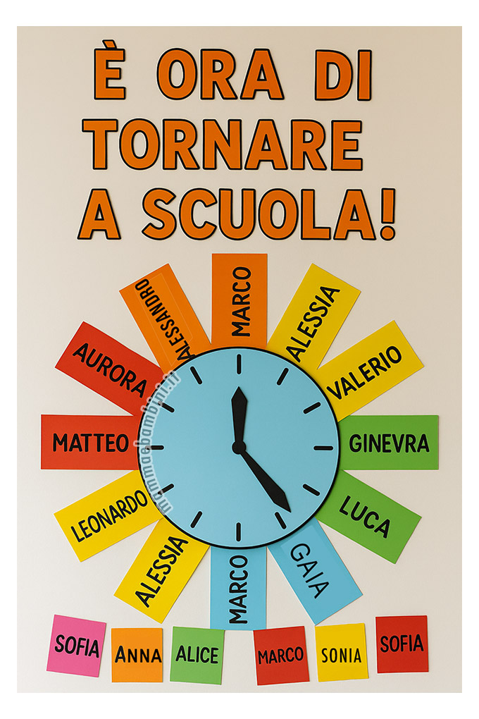 cartellone per il rientro a scuola con orologio e cartoncini colorati con i nomi dei bambini