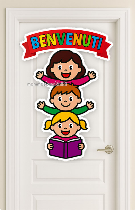 Decorazione Benvenuti con bambini stilizzati e libro per accoglienza scuola