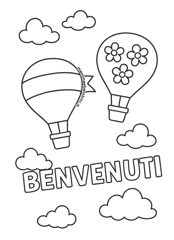 Disegno da colorare con due mongolfiere e scritta benvenuti.