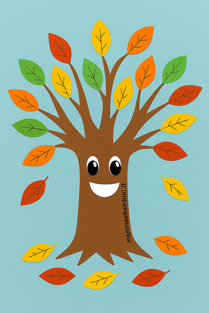 Cartellone albero in autunno scuola infanzia realizzato con carta colorata e foglie ritagliate