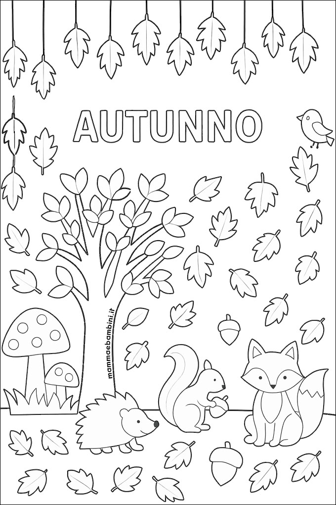 Disegno autunno nel bosco da colorare con animali e foglie cadenti.