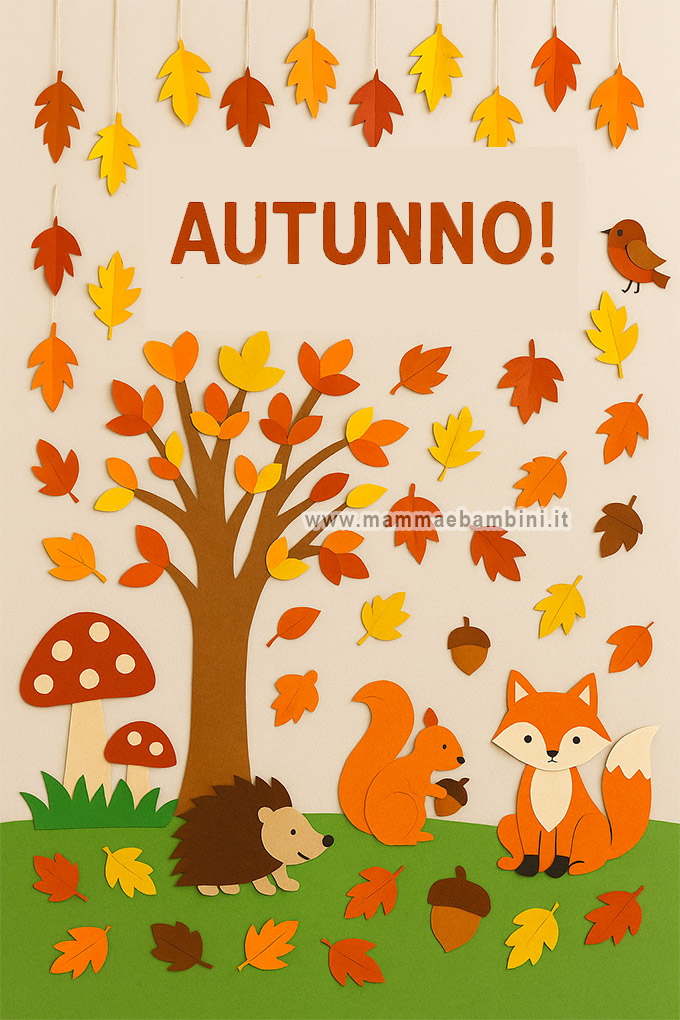 cartellone autunnale con foglie, zucche e funghi colorati per decorare la scuola.