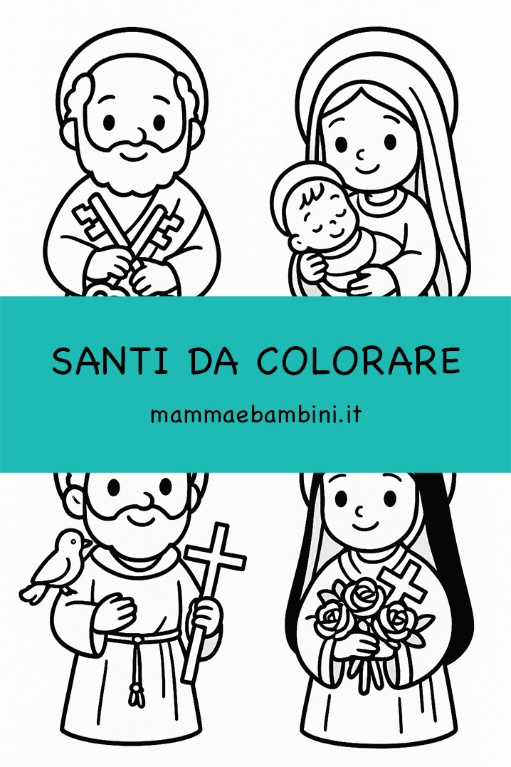 Santi da colorare per bambini con San Pietro, Madonna con Gesù, San Francesco e Santa Rita.