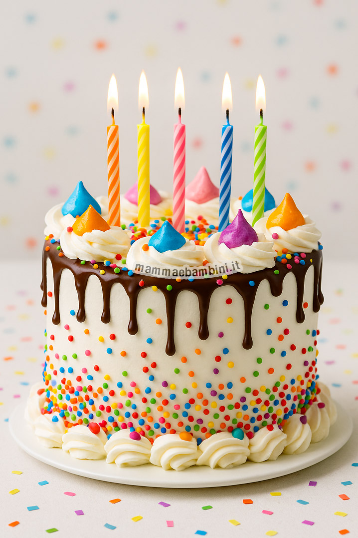 Torta di compleanno con candeline colorate accese, decorata con panna e cioccolato, su sfondo chiaro con coriandoli festosi.