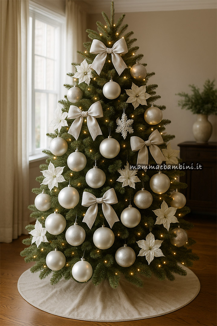 Albero di Natale con palline bianche e argentate e fiocchi chiari in un salotto elegante illuminato da luci calde