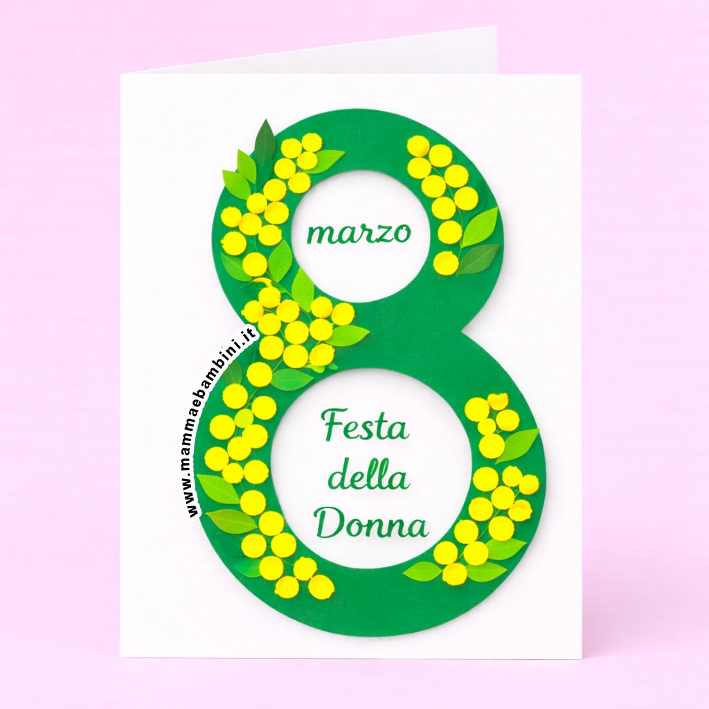 Biglietto Festa della Donna fai da te a forma di 8 con mimose di carta