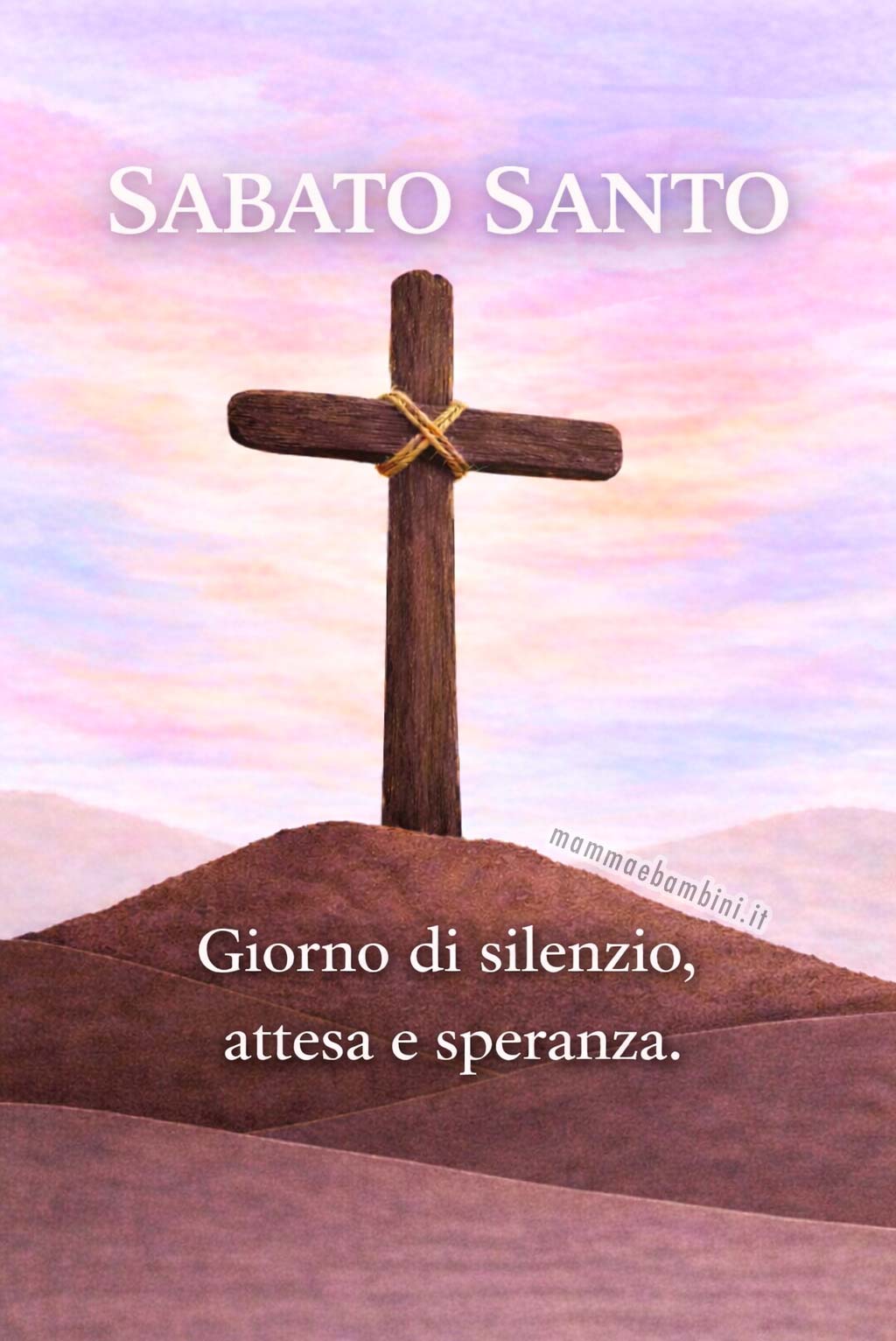Sabato Santo immagine con croce su collina e cielo acquerello, giorno di silenzio attesa e speranza