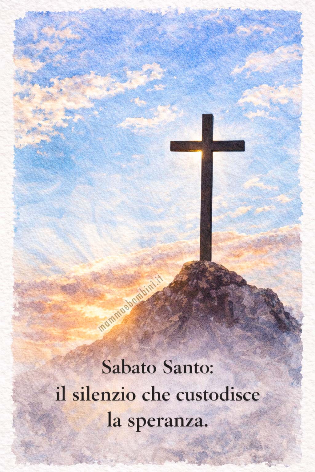 Sabato Santo croce sul Golgota con cielo luminoso simbolo di speranza e attesa Pasqua