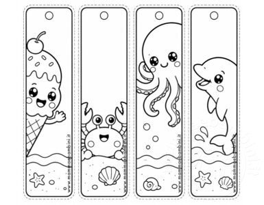 Segnalibri Kawaii da Colorare con Animali Marini e Gelato 2 segnalibri estate