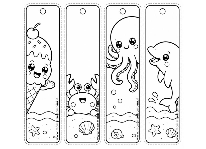 Segnalibri Kawaii da Colorare con Animali Marini e Gelato 3 segnalibri estate