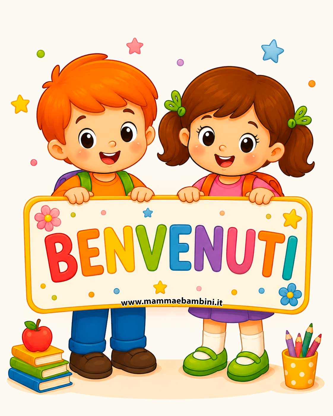 bambini con cartello di benvenuto