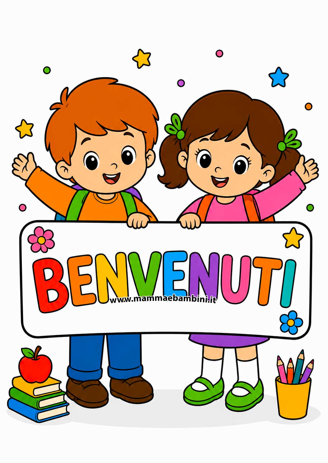 Bambini con cartello di benvenuto colorato per l’accoglienza a scuola